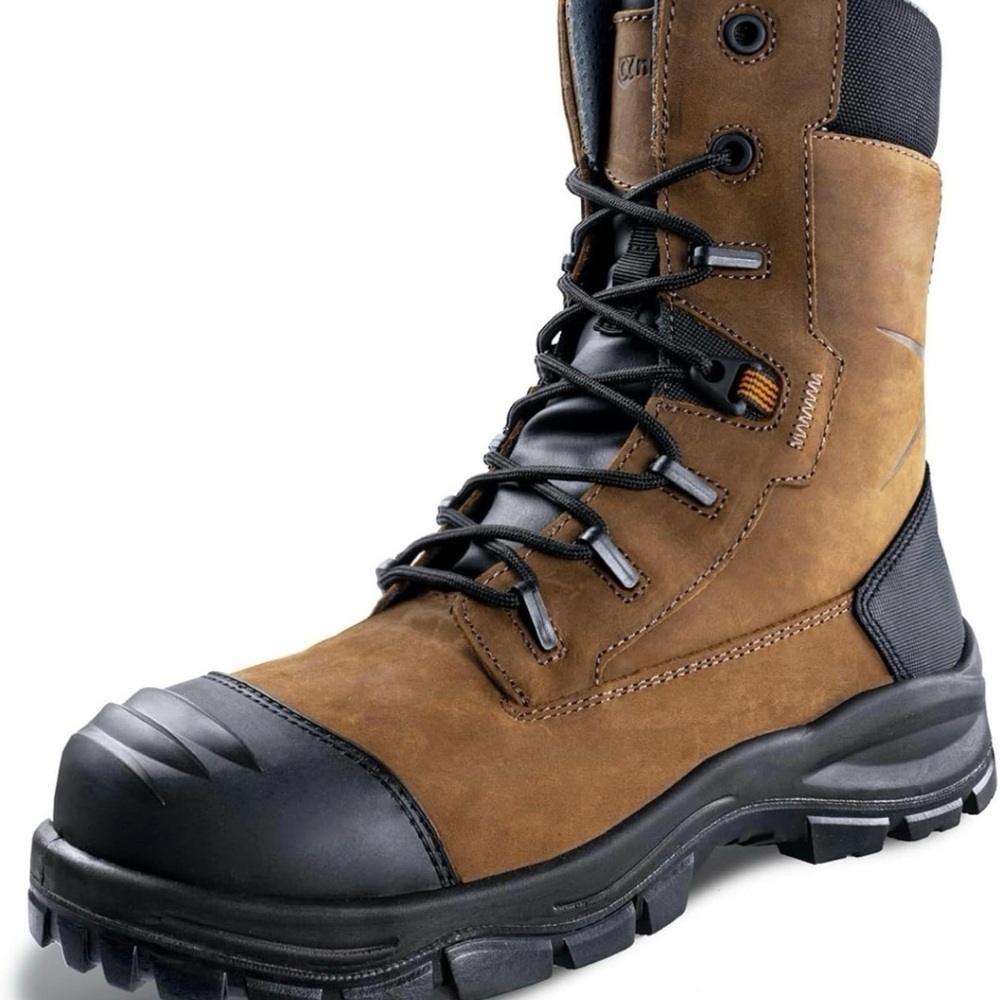 Tan High-Top Work Boots with Black Toe Cap and Rubber Sole